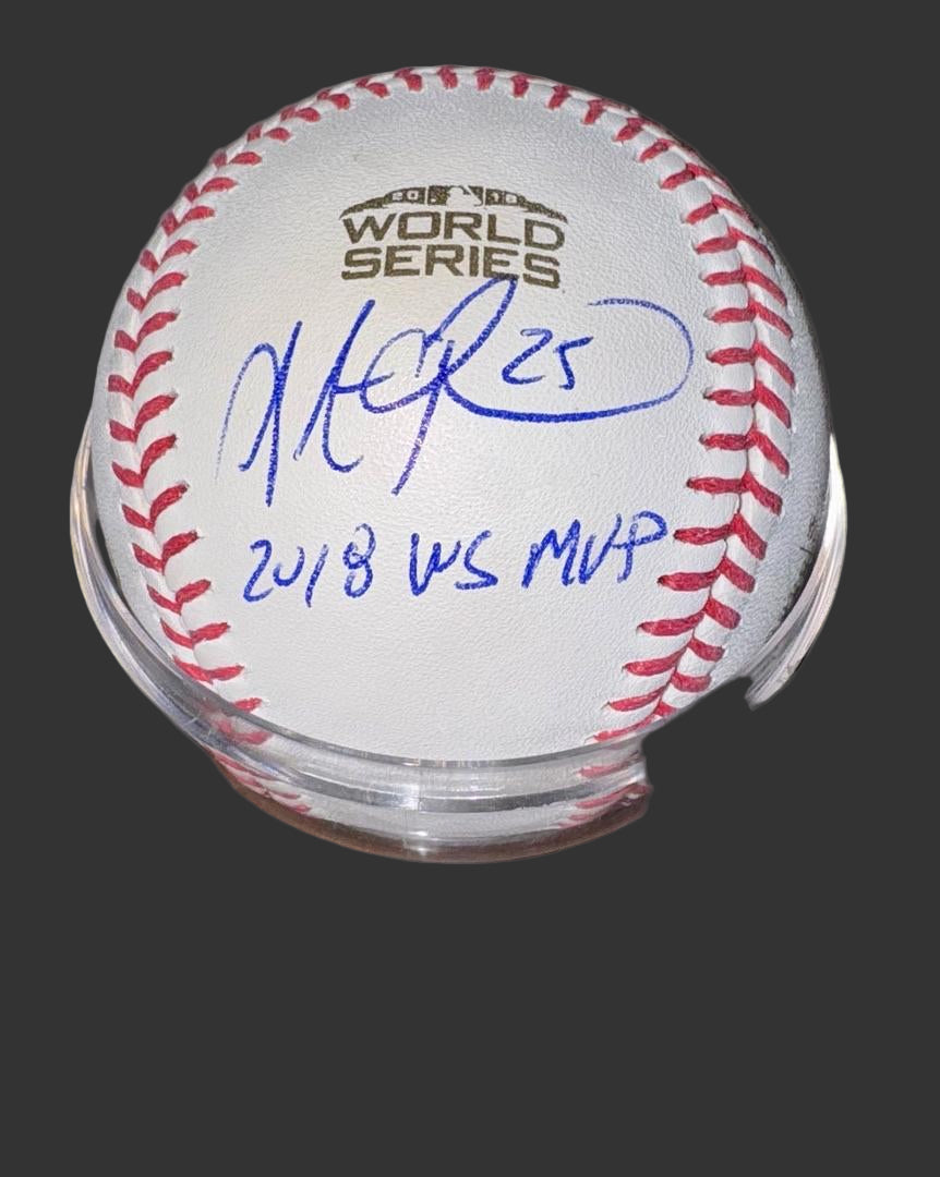 Steve Pearce signed 2018 World Series baseball w/MVP inscription - Beckett COA